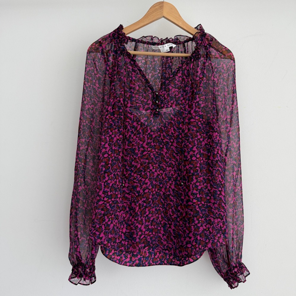 Veronica Beard Blouse Women 6 Purple Silk Floral Chiffon Georgette Antonette Top